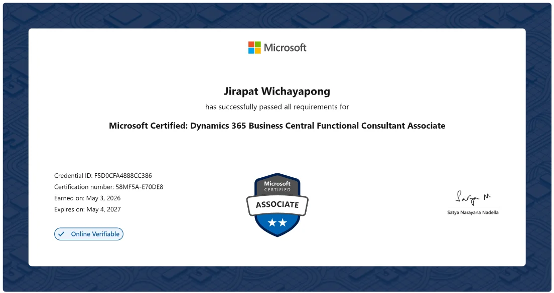 Microsoft certificate for Dynamics 365 Business Central Functional Consultant Associate